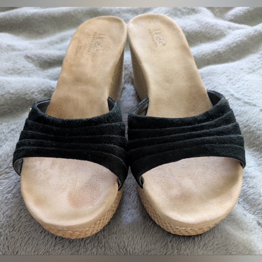 UGG Black Wedge Shoes with Tan Details